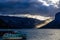 Sunrise over through the clouds Lake Minnewanka. Banff National Park Alberta Canada