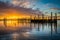 Sunrise over dock and the Chesapeake Bay, in Havre de Grace, Mar