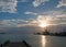 Sunrise over Dock Pier Seawall Jetty of Puerto Sunrise over Juarez in Cancun Bay Mexico