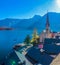 Sunrise on over Hallstatt church and mountains