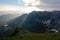 Sunrise over Lago di Fusine in misty Julian Alps, Mangart Pass, Slovenia, Triglav national park, Europe