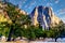 Sunrise over the large granite El Capitan rock under colorful sky. Viewed from Yosemite Valley in Yosemite National Park