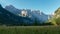 Sunrise over Logarska dolina, Logar valley in mountains, Slovenia