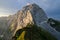 Sunrise over Mangart with sheeps at the foot of the mountain, Julian Alps, Mangart Pass, Slovenia, Triglav national park, Europe