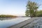 sunrise over Missouri River and a boat ramp at Dalton Bottom