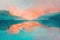 sunrise over a mountain lake with pink and orange clouds reflecting in the still, turquoise water