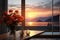 Sunrise over mountains and ocean, viewed from a window adorned with vibrant flowers