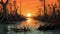 Sunrise Over Open Swamp: A Pixel Art Illustration In The Style Of Martin Ansin