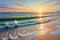 Sunrise over a Pristine Beach, Shorebirds Skittering Across Wet Sand as the First Rays of Summer Paint the Horizon