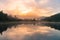 Sunrise over reflection Matheson water lake, New Zealand