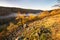 Sunrise over river Litava valley near ruins of Cabrad castle during autumn sunrise with fall coloured trees