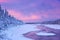 Sunrise over river rapids in a winter, Finnish Lapland