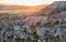 Sunrise over rocky landscape in Cappadocia, Turkey.