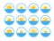 Sunrise over sea, ocean. Sunset over lake, river. Summer round labels, emblems with sun & waves. Set of flat symbols for travel &