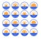 Sunrise over sea, ocean. Sunset over lake, river. Summer round labels, emblems with sun & waves. Set of flat symbols for travel &