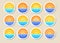 Sunrise over sea. Sunset over ocean. Summer round labels, emblems with sun & waves. Set of flat symbols, signs for travel.