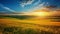 Sunrise over serene countryside vibrant wheat fields and clear blue sky with fluffy clouds