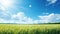 Sunrise over serene countryside vibrant wheat fields and fluffy clouds in clear blue sky