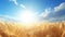 Sunrise over serene countryside vibrant wheat fields and fluffy clouds in clear blue sky