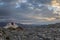 Sunrise over Shigatse with Little Potala on background, residence of Panchen Lama, Tibet - China