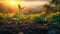 Sunrise over Small Tree in Panoramic Green World - Earth Day Concept