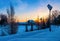 Sunrise over the snow-covered lake in the Park