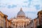 Sunrise over the St. Peters Basilica in Vatican City. Morning at the most famous landmark