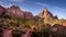 Sunrise over The Watchman Peak and Bridge Mountain in Zion National Park in Utah, USA