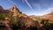 Sunrise over The Watchman Peak and the Virgin River Valley in Zion National Park in Utah, USA