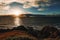 Sunrise over the water from the Lambert`s Beach lookout, Mackay Queensland Australia