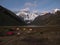 Sunrise panorama of andes mountain Jirishanca tent Camp Jahuacocha lake Cordillera Huayhuash Circuit Ancash Peru