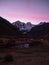 Sunrise panorama of andes mountain Jirishanca tent Camp Jahuacocha lake Cordillera Huayhuash Circuit Ancash Peru