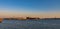 Sunrise panorama of Neva river and the Spit of Vasilyevsky island after summer white night. Saint-Petersburg, Russia