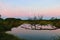 sunrise picture with a gorgeous sky, a marsh at sunrise, a moon setting in the sky, dark silhouettes of marsh trees in the morning