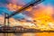 Sunrise in Portugalete, Spain with a view on the transporter bridge called Vizcaya Bridge on the Nervion River Puente transportad