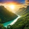 sunrise rainforest african jungle river with tropical exotic fantasy fictional landscape created with