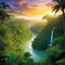 sunrise rainforest african jungle river with tropical vegetation and exotic fantasy fictional place created with