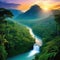 sunrise rainforest african jungle river with tropical vegetation and exotic fantasy fictional place created with