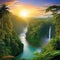 sunrise rainforest african jungle river with tropical vegetation and exotic fantasy fictional place created with