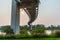 Sunrise rays through Bob Kerrey Foot, Pedestrian, bridge Omaha Nebraska Underpass.