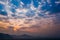 Sunrise rays on morning blue orange sky cloud with mountain landscape soft light