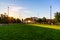 Sunrise rays over downtown Omaha with The Performance Pavilion in Gene Leahy Mall Omaha Nebraska USA.