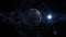 Sunrise Realistic Earth, rotating in space against the background of the starry sky. Seamless loop with day and night city lights