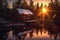 sunrise reflecting on solar panels at an isolated cabin