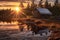 sunrise reflecting on solar panels at an isolated cabin