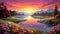 sunrise on the river in painting with flowers clear clouds