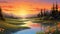 sunrise on the river in painting with flowers clear clouds