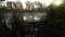 Sunrise on the riverbank. Landscape with wooden fisher pier, reeds and smoke on the water