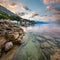 Sunrise on Rocky Beach and Small Village near Omis, Dalmatia