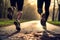 Sunrise Run: Close-Up of Two Runners\\\' Legs in the Park. created with Generative AI